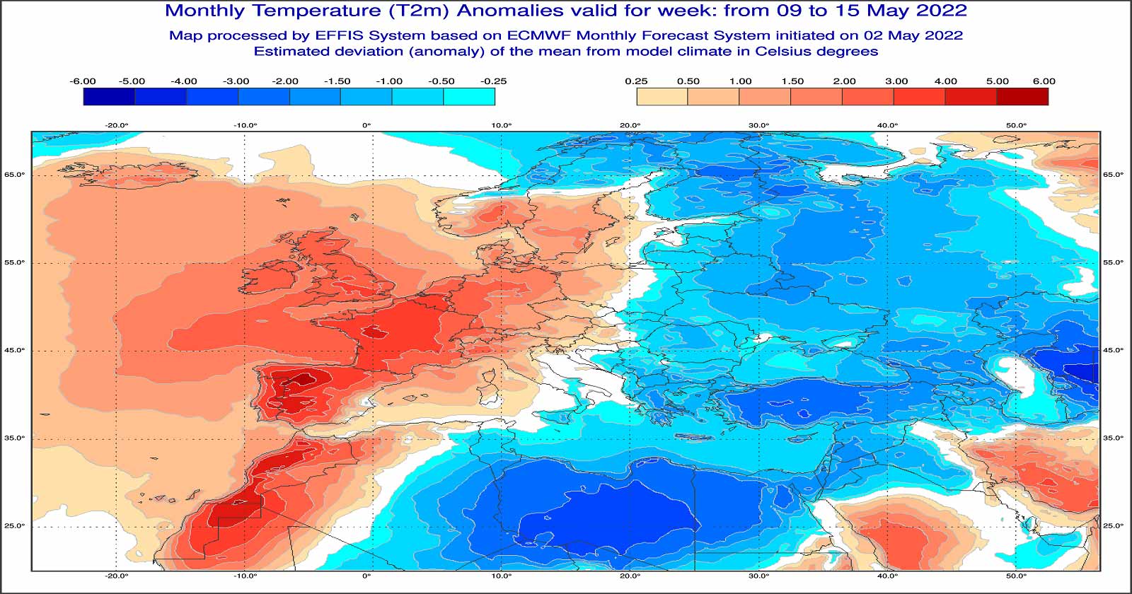 Anomalie di temperatura previste tra il 9 e il 15 maggio - effis.jrc.ec.europa.eu