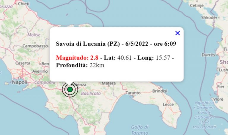 Terremoto oggi in Basilicata, 6 maggio 2022: scossa M 2.8 in provincia di Potenza – Dati INGV Terremoto oggi in Basilicata, 6 maggio 2022: scossa M 2.8 in provincia di Potenza – Dati INGV