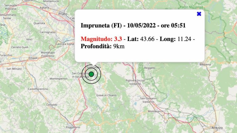 Terremoto oggi, martedì 10 maggio 2022: scossa in Toscana M 3.3 in provincia di Firenze – Dati INGV