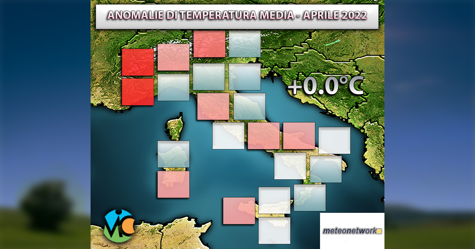 Anomalie di temperatura media per il mese di aprile 2022