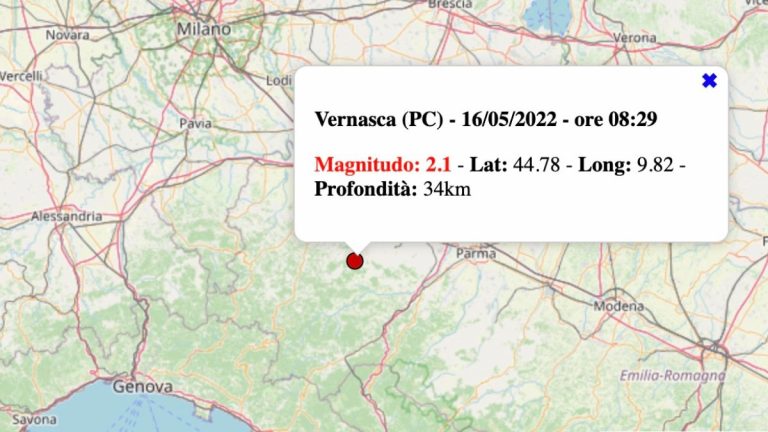 Terremoto in Emilia-Romagna oggi, lunedì 16 maggio 2022: scossa M 2.1 in provincia di Piacenza – Dati INGV Terremoto in Emilia-Romagna oggi, lunedì 16 maggio 2022: scossa M 2.1 in provincia di Piacenza – Dati INGV