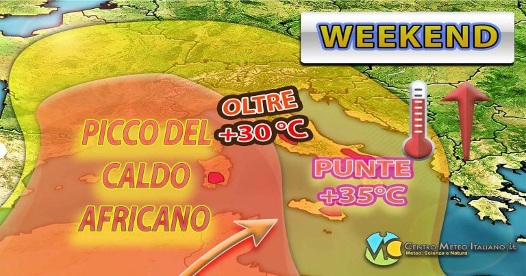 METEO – WEEKEND di stampo ESTIVO con SOLE e picco del CALDO, ma anche ACQUAZZONI e TEMPORALI al Nord ITALIA