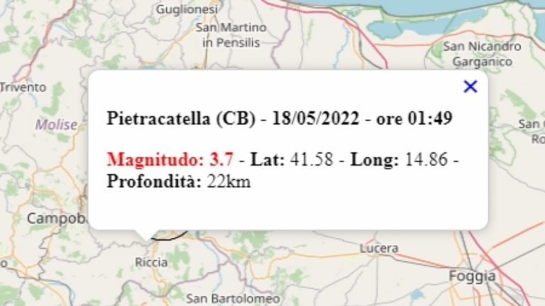 Terremoto oggi, 18 maggio 2022, scossa M 3.7 avvertita in Molise, provincia di Campobasso – Dati Ingv Terremoto oggi, 18 maggio 2022, scossa M 3.7 avvertita in Molise, provincia di Campobasso – Dati Ingv