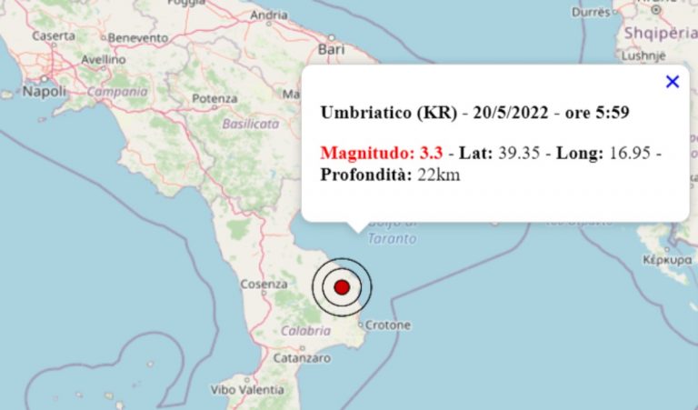 Terremoto oggi in Calabria, 20 maggio 2022: scossa M 3.3 in provincia di Crotone – Dati INGV