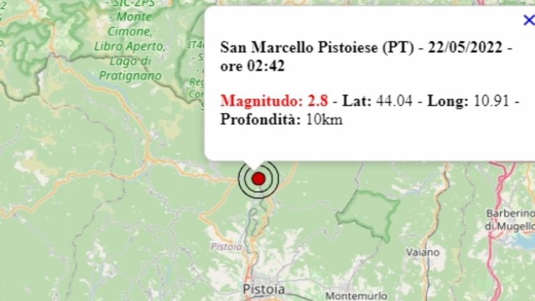 Terremoto in Toscana oggi, 22 maggio 2022, scossa M 2.8 in provincia di Pistoia | Dati Ingv