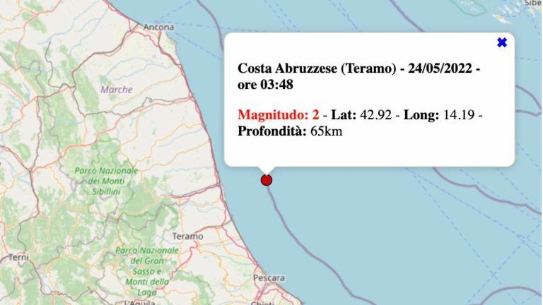 Terremoto in Abruzzo oggi, martedì 24 maggio 2022: scossa M 2.0 Costa Abruzzese | Dati INGV