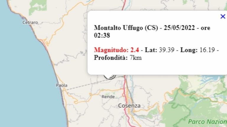 Terremoto in Calabria oggi, 25 maggio 2022, scossa M 2.4 in provincia di Cosenza – Dati Ingv