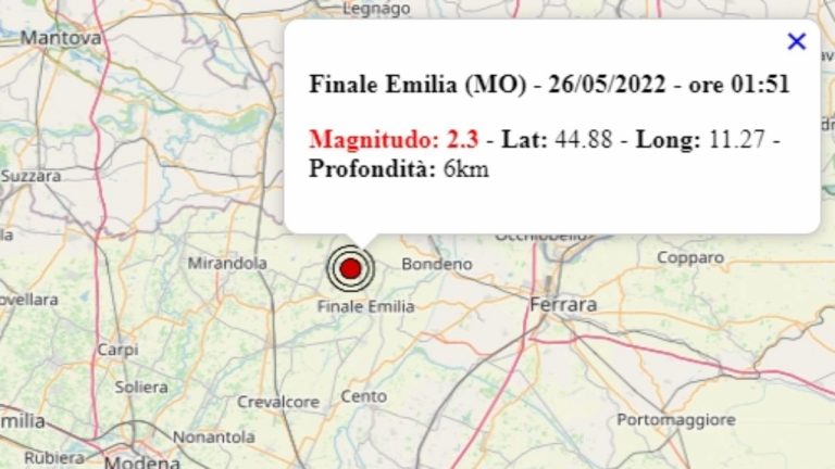 Terremoto in Emilia Romagna oggi, giovedì 26 maggio 2022: scossa M 2.3 in provincia di Modena – Dati Ingv