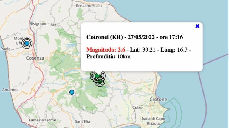 Terremoto in Calabria oggi, venerdì 27 maggio 2022: scossa M 2.7 in provincia di Crotone | Dati INGV