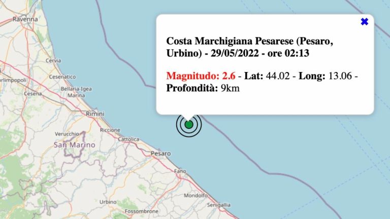 Terremoto nelle Marche oggi, domenica 29 maggio 2022: scossa M 2.6 Costa Marchigiana Pesarese | Dati INGV Terremoto nelle Marche oggi, domenica 29 maggio 2022: scossa M 2.6 Costa Marchigiana Pesarese | Dati INGV