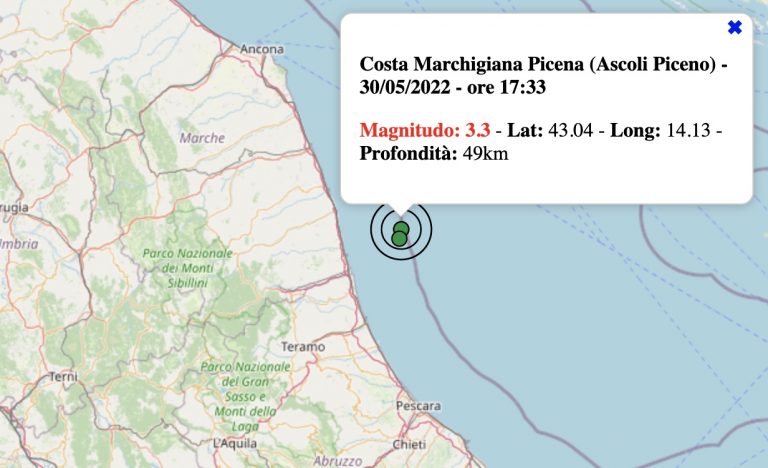 Terremoto nelle Marche oggi, lunedì 30 maggio 2022: scossa M 3.3 Costa Marchigiana Picena | Dati INGV