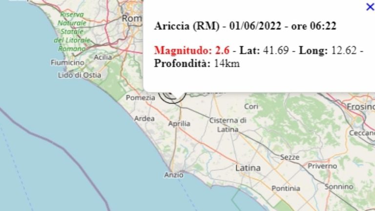Terremoto nel Lazio oggi, mercoledì 1 giugno 2022, scossa M 2.6 in provincia di Roma | Dati Ingv