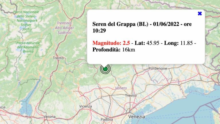 Terremoto in Veneto oggi, mercoledì 1 giugno 2022: scossa M 2.5 in provincia di Belluno | Dati INGV