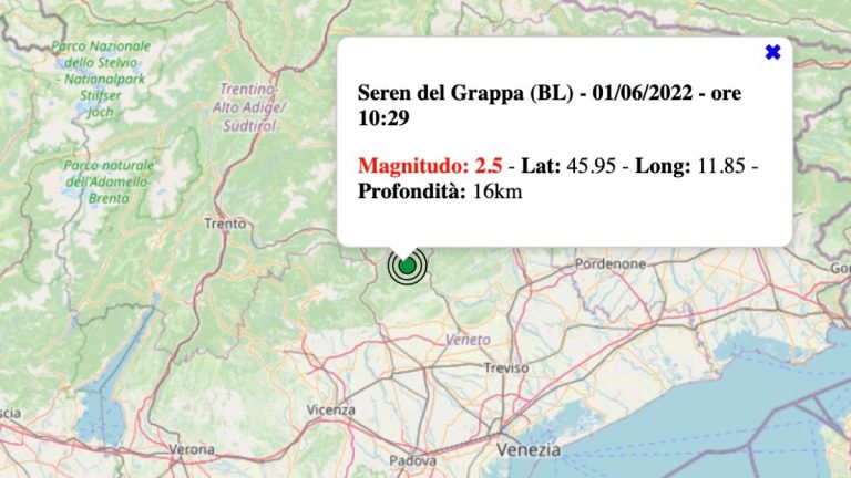 Terremoto in Veneto oggi, mercoledì 1 giugno 2022: scossa M 2.5 in provincia di Belluno | Dati INGV Terremoto in Veneto oggi, mercoledì 1 giugno 2022: scossa M 2.5 in provincia di Belluno | Dati INGV