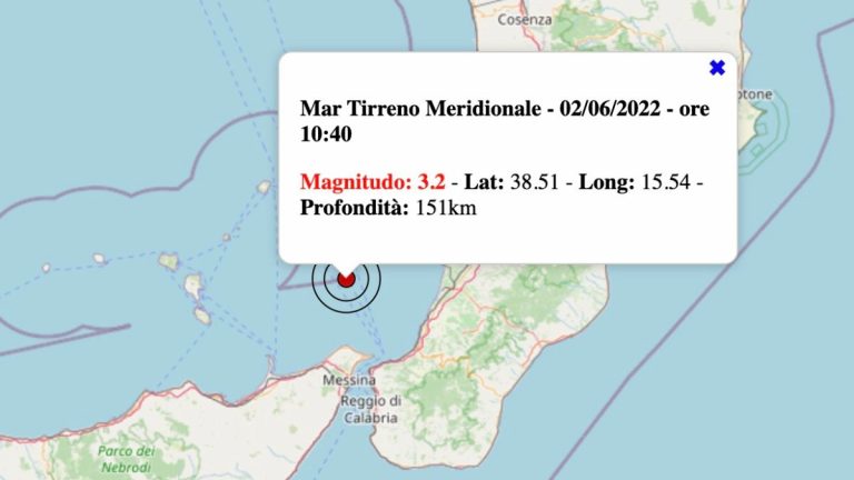 Terremoto in Italia oggi, giovedì 2 giugno 2022: scossa M 3.2 sul Mar Tirreno Meridionale | Dati INGV