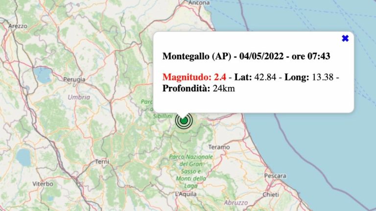 Terremoto nelle Marche oggi, sabato 4 giugno 2022: scossa M 2.4 in provincia di Ascoli Piceno – Dati INGV