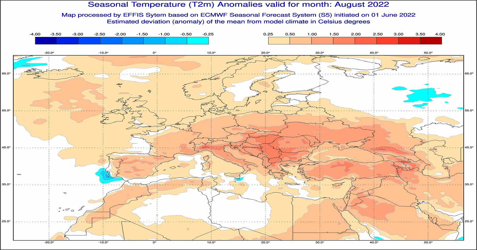 Anomalie di temperatura previste dal modello ECMWF per Agosto 2022 - effis.jrc.ec.europa.eu