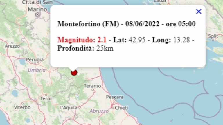 Terremoto nelle Marche oggi, 8 giugno 2022, scossa M 2.1 in provincia di Fermo – Dati Ingv Terremoto nelle Marche oggi, 8 giugno 2022, scossa M 2.1 in provincia di Fermo – Dati Ingv