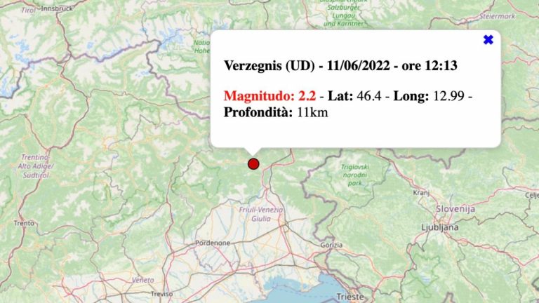 Terremoto in Friuli-Venezia Giulia oggi, sabato 11 giugno 2022: scossa M 2.2 in provincia di Udine | Dati INGV