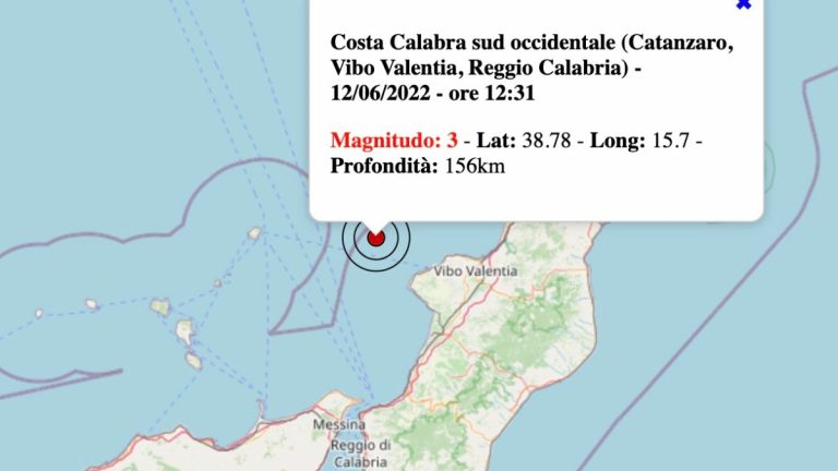 Terremoto in Calabria oggi, domenica 12 giugno 2022: scossa M 3.0 Costa Calabra Sud Occidentale | Dati INGV