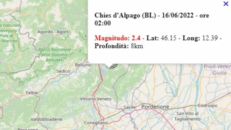 Terremoto in Veneto oggi, 16 giugno 2022: scossa M 2.4 in provincia di Belluno | Dati Ingv Terremoto in Veneto oggi, 16 giugno 2022: scossa M 2.4 in provincia di Belluno | Dati Ingv