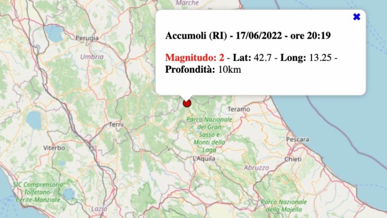 Terremoto nel Lazio oggi, venerdì 17 giugno 2022: scossa M 2.0 in provincia di Rieti | Dati INGV