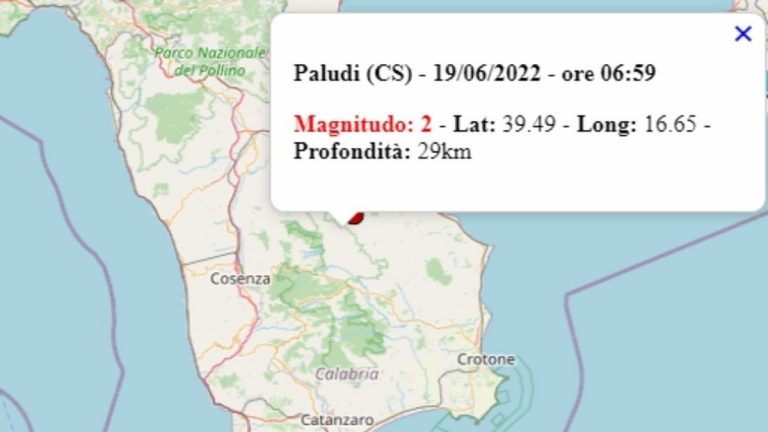 Terremoto in Calabria oggi, 19 giugno 2022, scossa M 2.0 in provincia di Cosenza – Dati Ingv