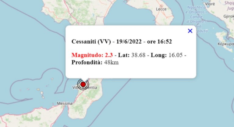 Terremoto oggi in Calabria, 19 giugno 2022: scossa M 2.3 in provincia di Vibo Valentia – Dati INGV