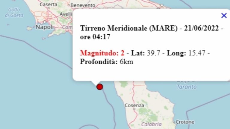 Terremoto in Italia oggi, martedì 21 giugno 2022, scossa di M 2.0 sul mar Tirreno | Dati Ingv