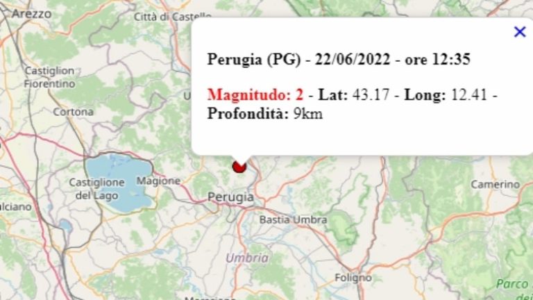 Terremoto in Umbria oggi, 22 giugno 2022, scossa M 2.0 in provincia di Perugia – Dati Ingv