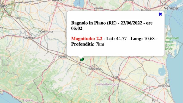 Terremoto in Emilia-Romagna oggi, giovedì 23 giugno 2022: scossa M 2.2 in provincia Reggio Emilia | Dati INGV