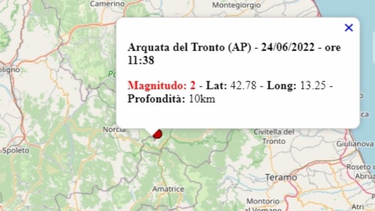 Terremoto nelle Marche oggi, 24 giugno 2022, scossa M 2.0 in provincia di Ascoli Piceno – Dati Ingv