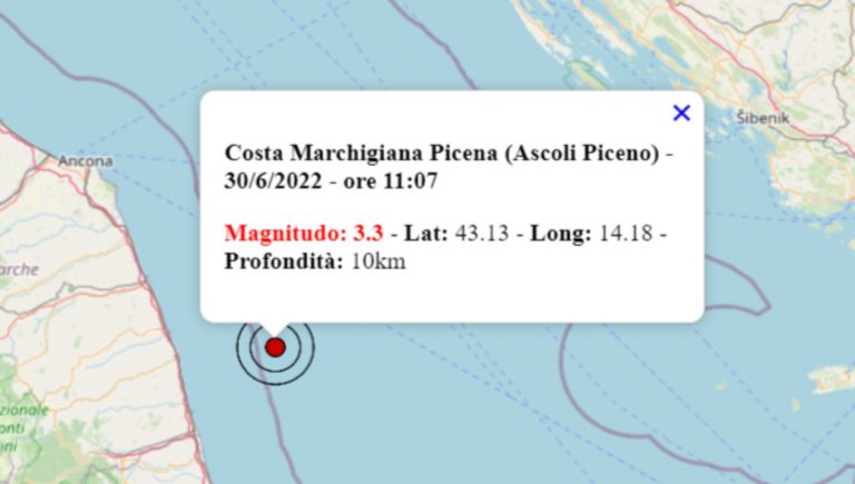 Terremoto oggi nelle Marche, 30 giugno 2022: scossa M 3.3 registrata sulla Costa Marchigiana Picena – Dati INGV