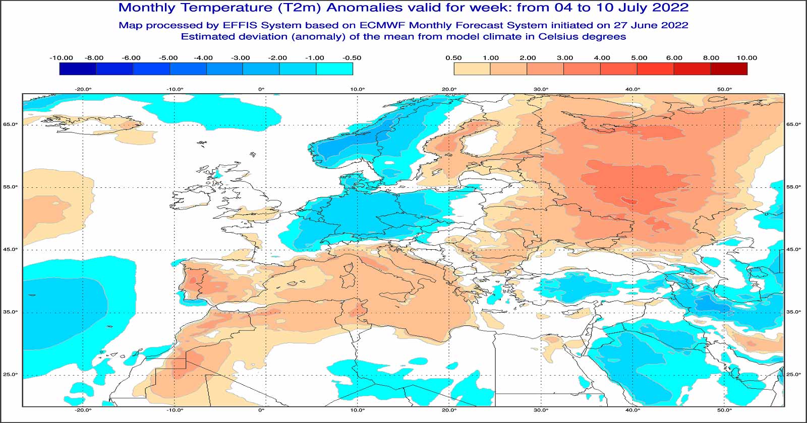 Anomalie di temperatura previste tra il 4 e il 10 luglio - effis.jrc.ec.europa.eu