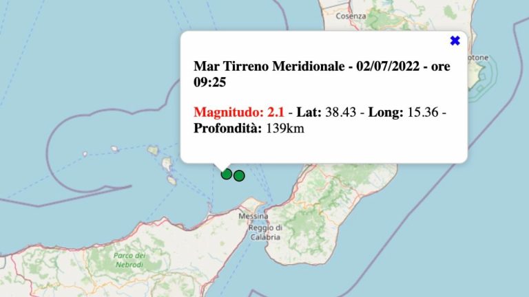 Terremoto in Sicilia oggi, sabato 2 luglio 2022: scossa M 2.1 Mar Tirreno Meridionale | Dati INGV