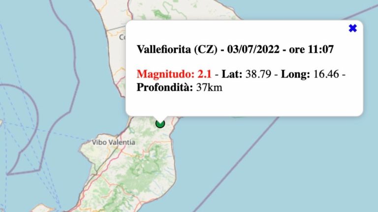 Terremoto in Calabria oggi, domenica 3 luglio 2022: scossa M 2.1 in provincia di Catanzaro | Dati INGV