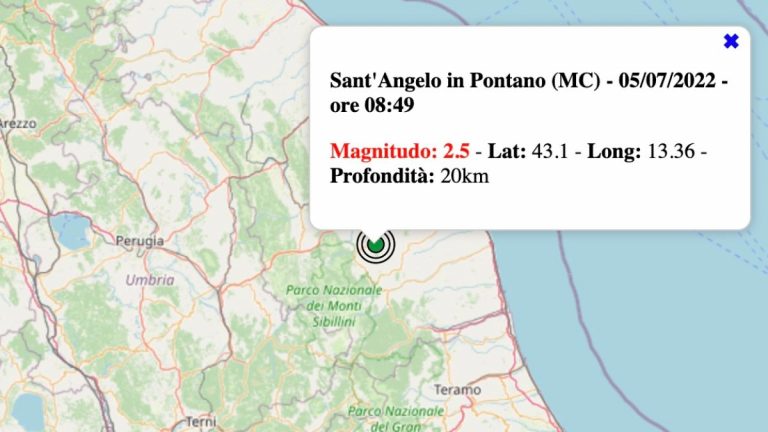 Terremoto nelle Marche oggi, martedì 5 luglio 2022: scossa M 2.5 in provincia Macerata – Dati Ingv