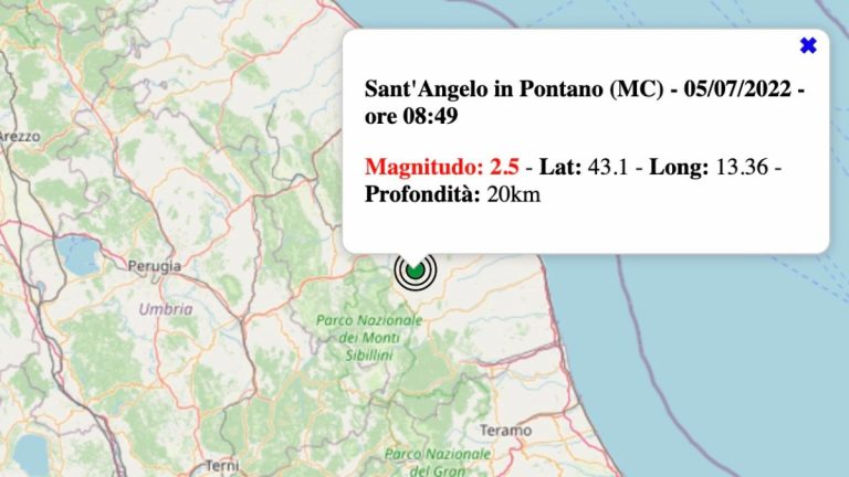 Terremoto nelle Marche oggi, martedì 5 luglio 2022: scossa M 2.5 in provincia Macerata – Dati Ingv Terremoto nelle Marche oggi, martedì 5 luglio 2022: scossa M 2.5 in provincia Macerata – Dati Ingv