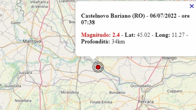 Terremoto in Veneto oggi, 6 luglio 2022, scossa M 2.4 in provincia di Rovigo | Dati Ingv
