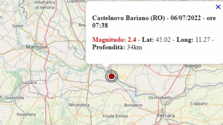 Terremoto in Veneto oggi, 6 luglio 2022, scossa M 2.4 in provincia di Rovigo | Dati Ingv Terremoto in Veneto oggi, 6 luglio 2022, scossa M 2.4 in provincia di Rovigo | Dati Ingv