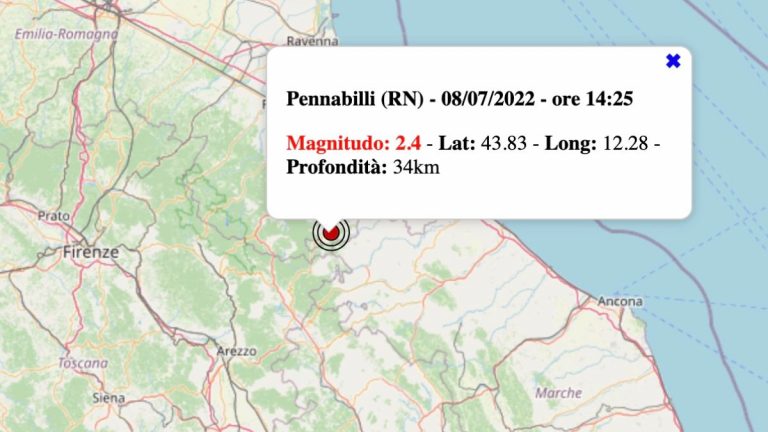 Terremoto in Emilia-Romagna oggi, venerdì 8 luglio 2022: scossa M 2.4 in provincia di Rimini | Dati INGV