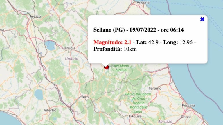 Terremoto in Umbria oggi, sabato 9 luglio 2022: scossa M 2.1 in provincia Perugia | Dati INGV