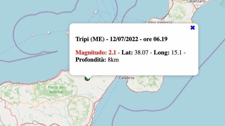 Terremoto in Sicilia oggi, martedì 12 luglio 2022: scossa M 2.1 in provincia di Messina | Dati INGV