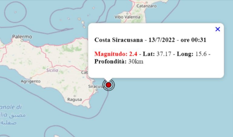 Terremoto oggi in Italia, 13 luglio 2022: scossa M 2.4 sulla Costa Siracusana – Dati INGV