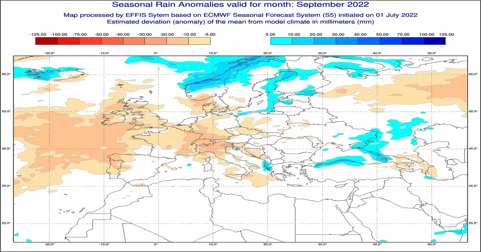 Anomalie di precipitazione previste dal modello europeo per settembre 2022 - effis.jrc.ec.europa.eu.eu