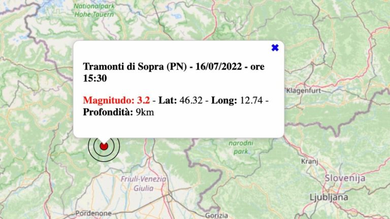 Terremoto in Friuli-Venezia Giulia oggi, sabato 16 luglio 2022: scossa M 3.2 vicino Pordenone | Dati INGV