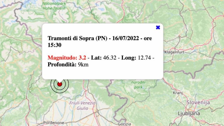 Terremoto in Friuli-Venezia Giulia oggi, sabato 16 luglio 2022: scossa M 3.2 vicino Pordenone | Dati INGV Terremoto in Friuli-Venezia Giulia oggi, sabato 16 luglio 2022: scossa M 3.2 vicino Pordenone | Dati INGV