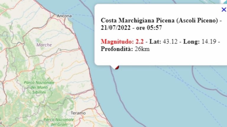 Terremoto nelle Marche oggi, giovedì 21 luglio 2022, scossa M 2.3 sulla costa marchigiana picena – Dati Ingv