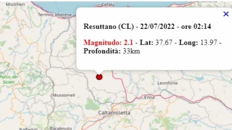 Terremoto in Sicilia oggi, 22 luglio 2022, scossa M 2.1 in provincia di Caltanissetta – Dati Ingv