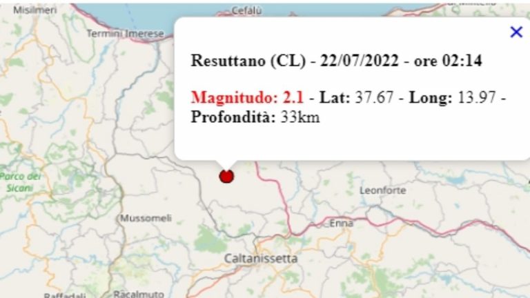 Terremoto in Sicilia oggi, 22 luglio 2022, scossa M 2.1 in provincia di Caltanissetta – Dati Ingv Terremoto in Sicilia oggi, 22 luglio 2022, scossa M 2.1 in provincia di Caltanissetta – Dati Ingv